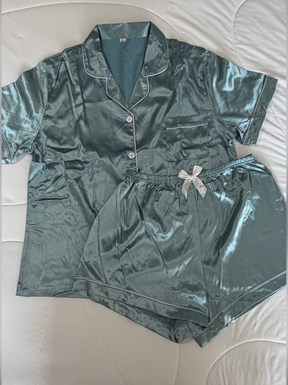 Satin Short Sleeve Pajama Set in Teal Green - Women's Two-Piece Sleep Set
